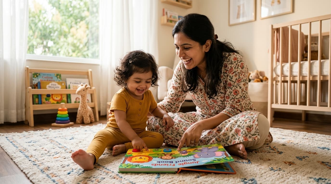 Happy Indian child and smiling mother playing together with interactive musical sound book on nursery rug